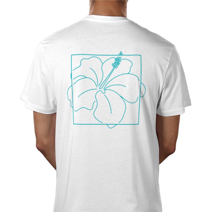 White t-shirt with a blue floral design on the back, worn by a person.