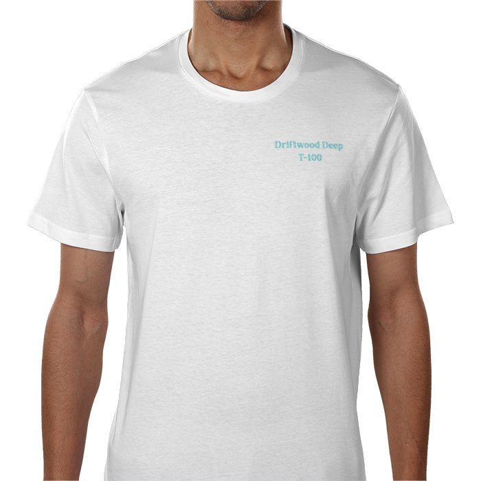 White t-shirt with text on a white background