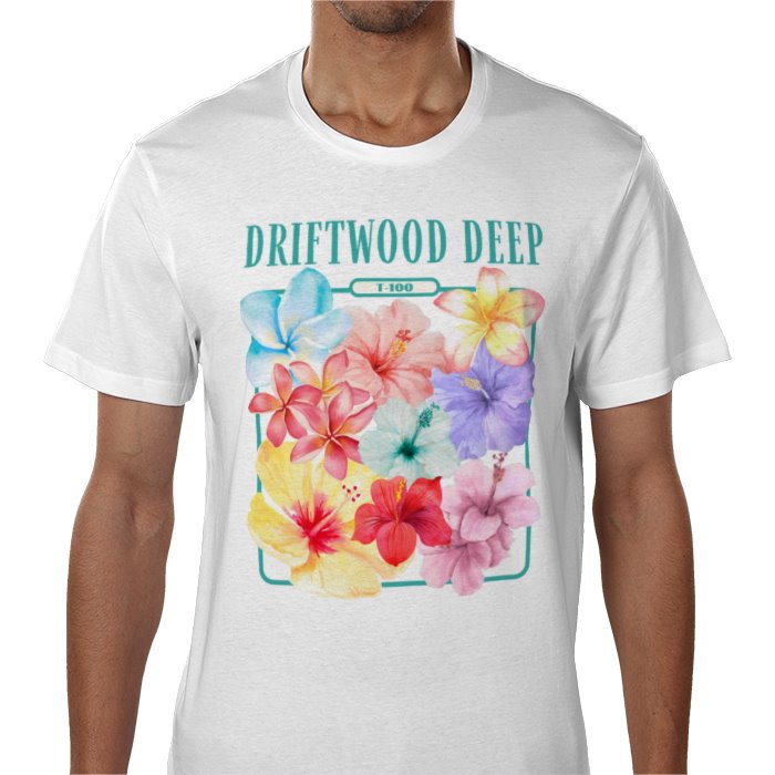 White t-shirt with colorful floral design and 'Driftwood Deep' text on a white background