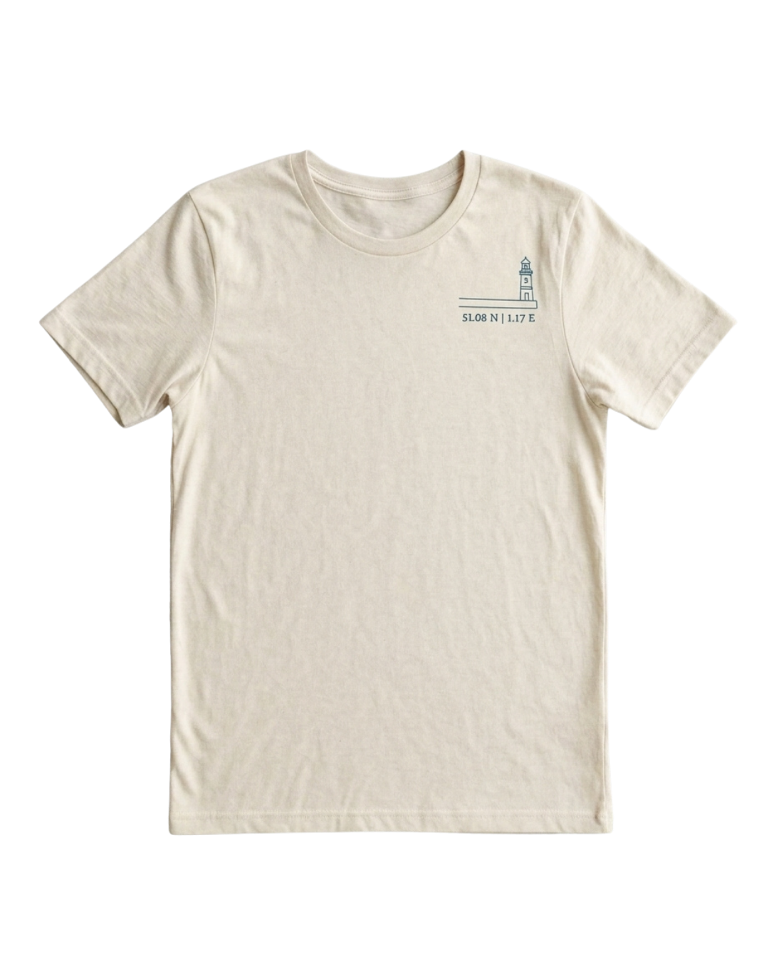 An off-white crewneck t-shirt with a small blue graphic on the left chest depicting a lighthouse and the text 'SLOAN 911 LITE'.