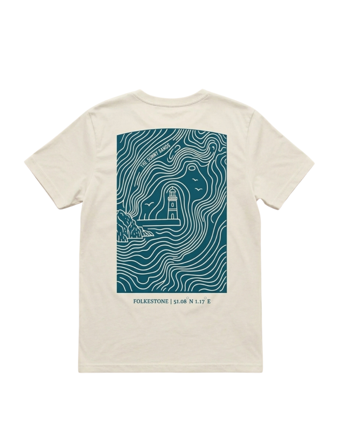 An off-white short-sleeve t-shirt with a large teal graphic print on the back. The graphic features a topographic map design with a lighthouse, waves, and the text 'FOLKESTONE | 51.