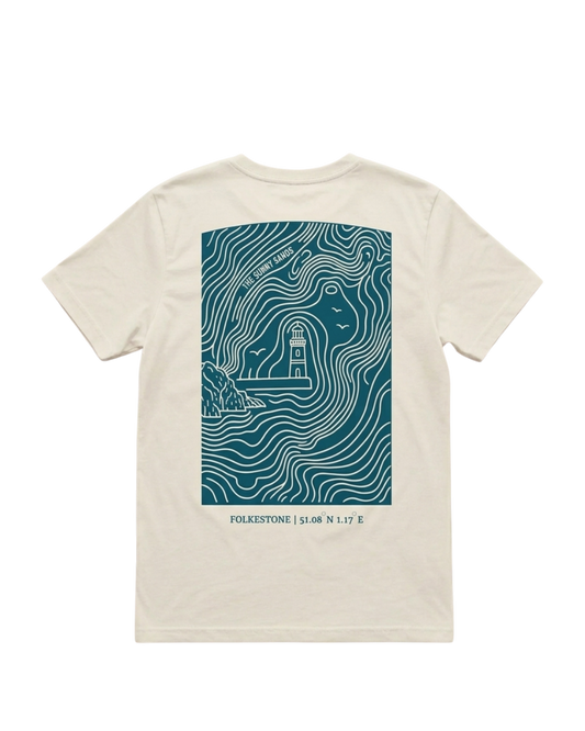 An off-white short-sleeve t-shirt with a large teal graphic print on the back. The graphic features a topographic map design with a lighthouse, waves, and the text 'FOLKESTONE | 51.