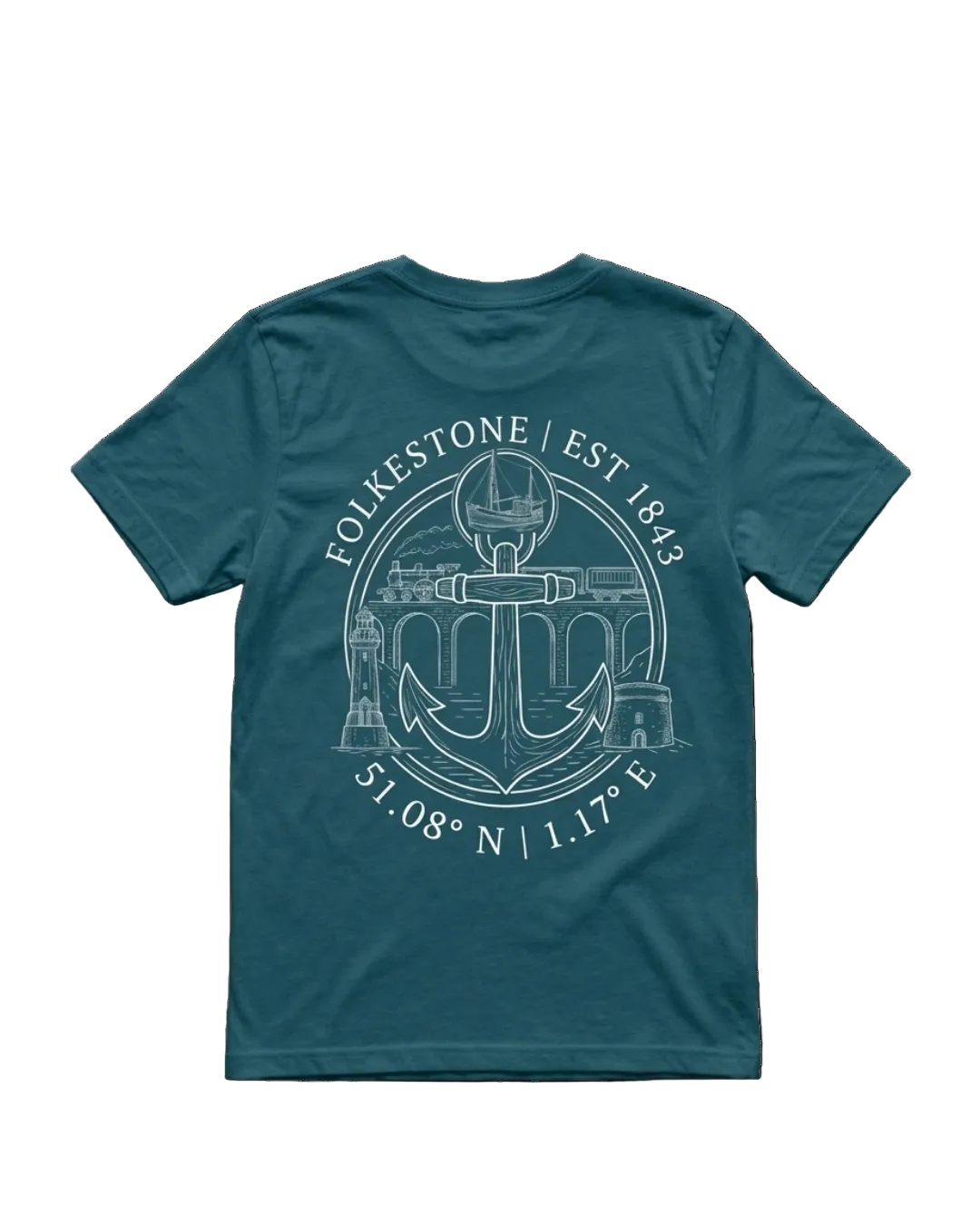A teal blue short-sleeve t-shirt shown from the back, featuring a white circular graphic print with an anchor, lighthouse, and the text 'FOLKESTONE | EST 1842' along with coordinates.