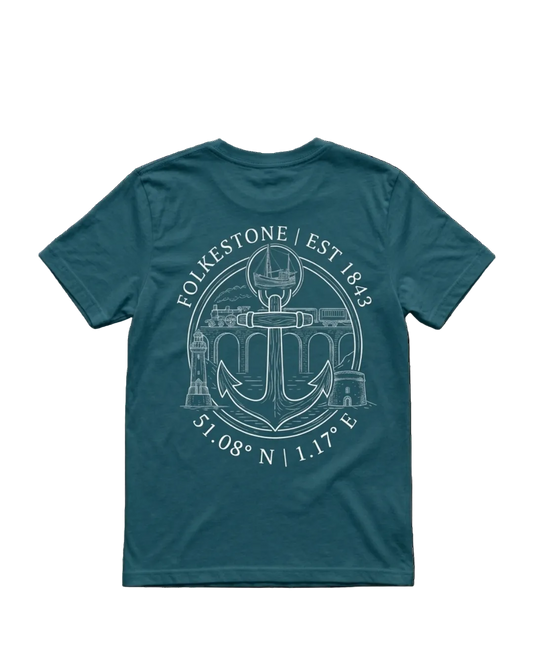 A teal blue short-sleeve t-shirt shown from the back, featuring a white circular graphic print with an anchor, lighthouse, and the text 'FOLKESTONE | EST 1842' along with coordinates.