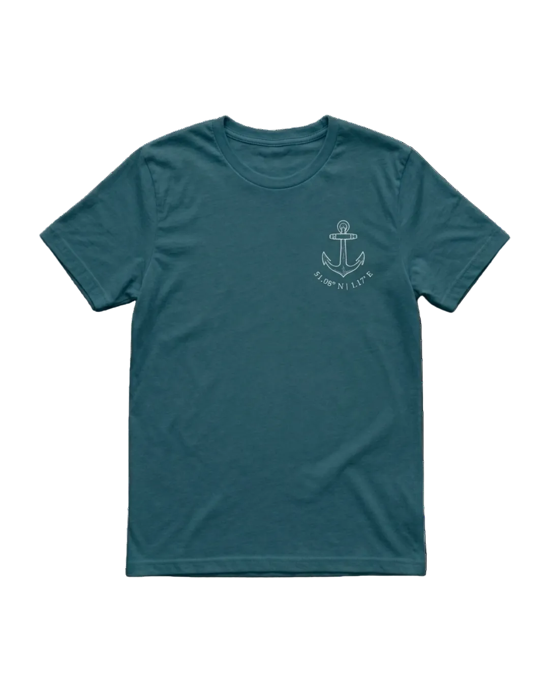 A teal blue short-sleeve crewneck t-shirt with a small white anchor graphic and the text 'SLOANVILLE' printed on the left chest, displayed flat against a solid white background.