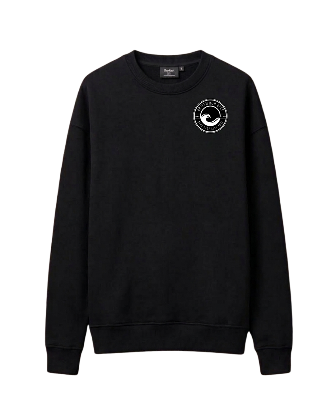 A black crewneck sweatshirt with a white circular wave graphic printed on the left chest, displayed on a solid white background.