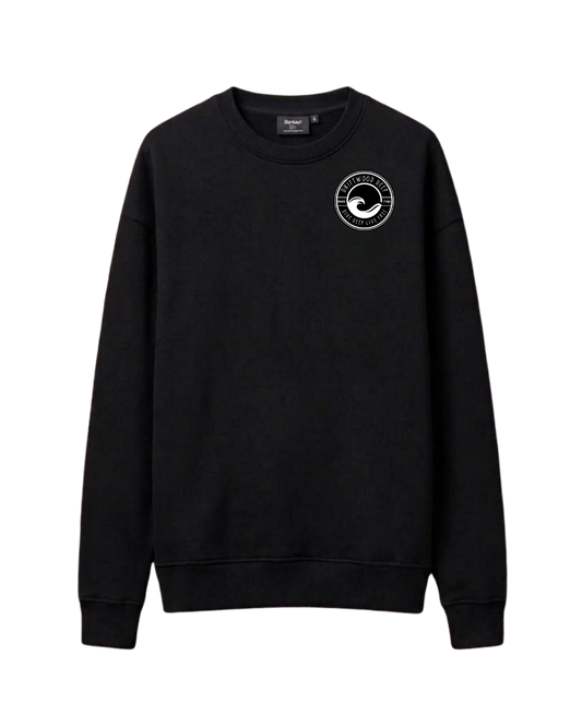 A black crewneck sweatshirt with a white circular wave graphic printed on the left chest, displayed on a solid white background.