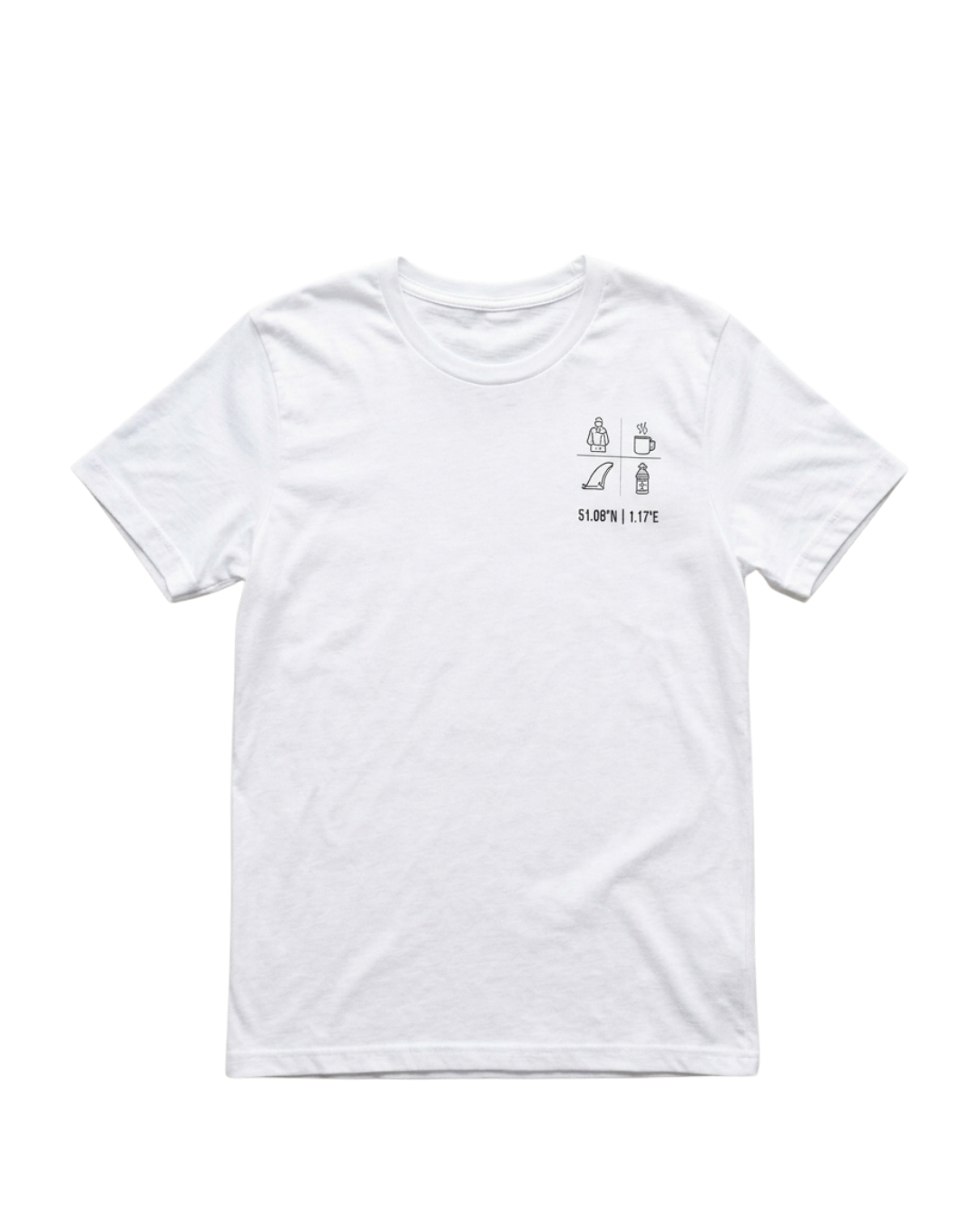 A white short-sleeve crewneck t-shirt with a small black graphic on the left chest depicting a coffee cup, a coffee maker, and the text 'DO NOT DISTURB'.