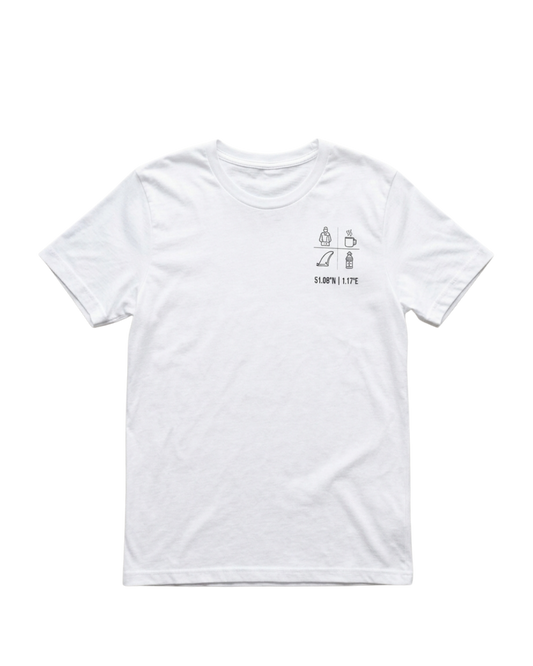 A white short-sleeve crewneck t-shirt with a small black graphic on the left chest depicting a coffee cup, a coffee maker, and the text 'DO NOT DISTURB'.