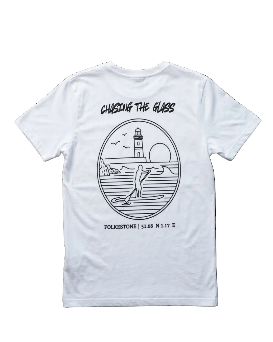 White short-sleeve t-shirt showing the back graphic print. The design features a black line art illustration of a surfer in a circular frame with a lighthouse, waves, and a sun, with the text 'CHASING THE GLASS' above and 'FOLKESTONE | 51.
