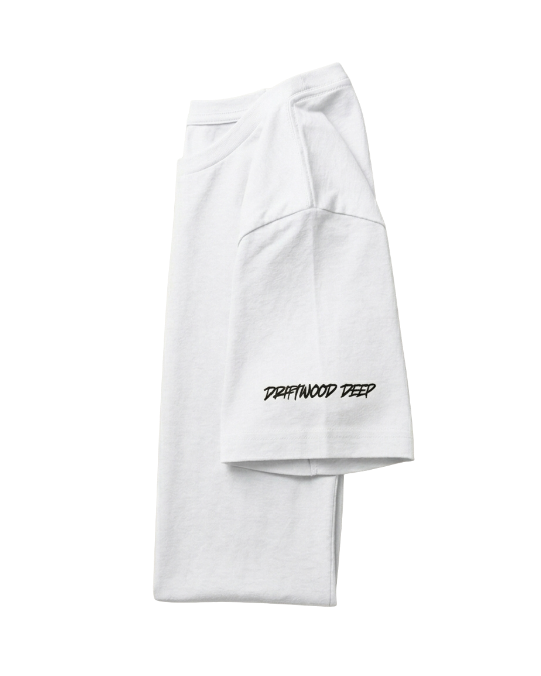 A folded white t-shirt with 'DRYWOOD DEEP' printed in black script on the lower cuff, displayed on a clean white background.