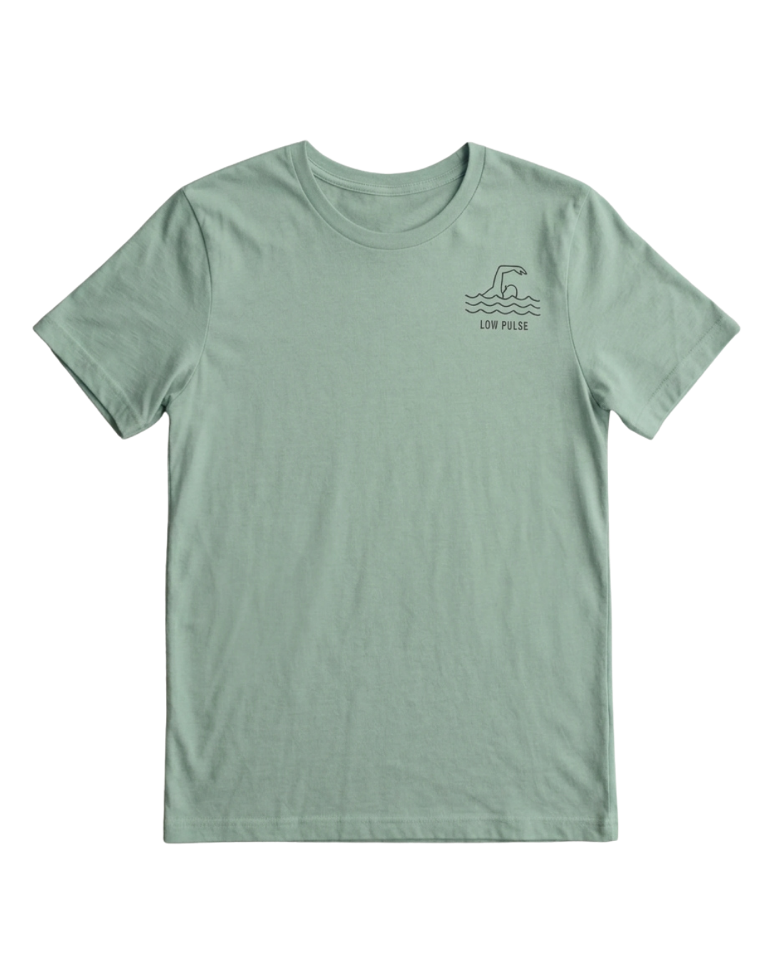 A sage green short-sleeve crewneck t-shirt with a small dark green wave graphic and 'LOW PRESS' text on the left chest, displayed flat against a solid white background.