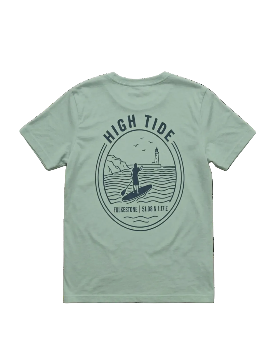 A sage green short-sleeve t-shirt shown from the back, featuring a dark teal circular graphic print with a surfer, lighthouse, and the text 'HIGH TIDE' and 'FUKESTONE | 51°00'N 1°58''.