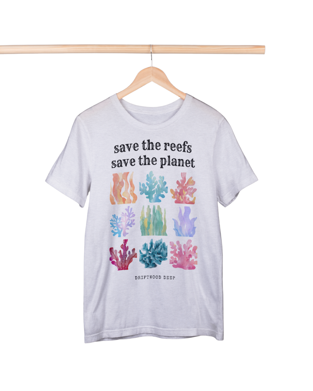 White t-shirt with colorful coral graphics and text 'save the reefs save the planet' on a white background.