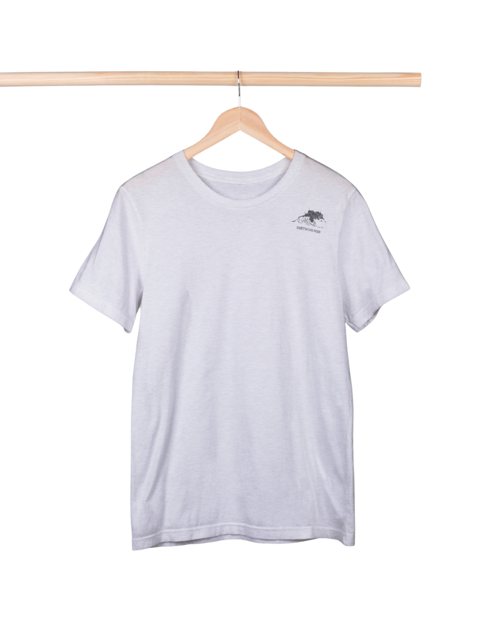 White t-shirt with a logo on a wooden hanger against a white background