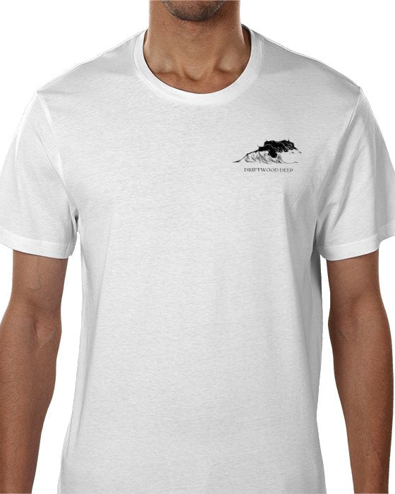 White t-shirt with a logo on a white background