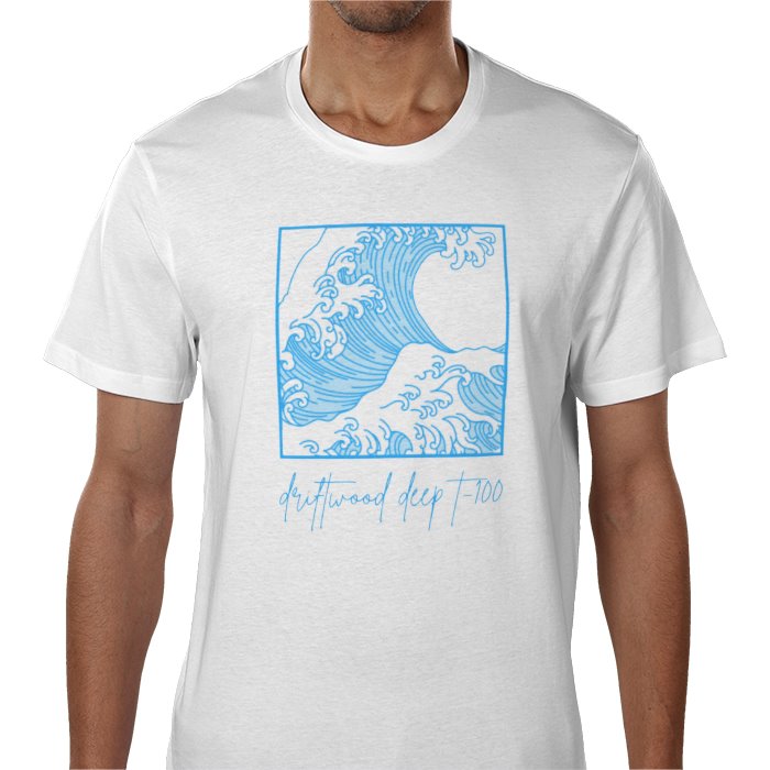 A white t-shirt with a blue graphic of ocean waves and the text 'Wave Rider' on the front.