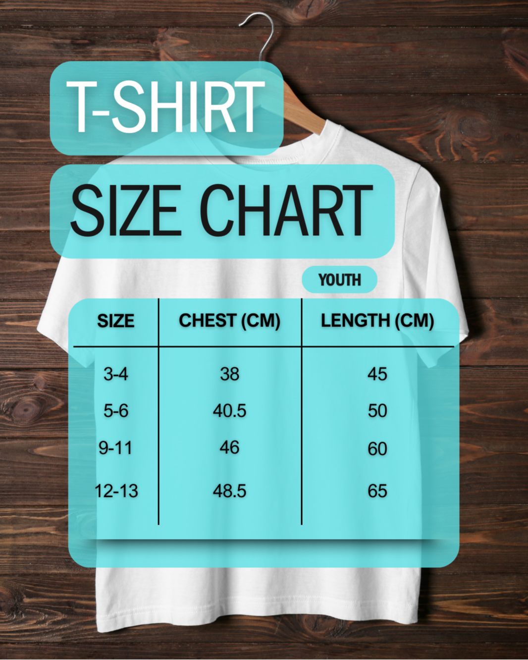 White t-shirt on a hanger with a size chart overlay on a wooden background