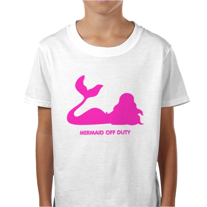 White t-shirt with pink mermaid graphic and text on a white background