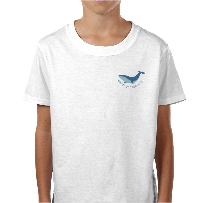 White t-shirt with a blue whale graphic on a white background