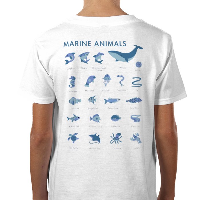 White t-shirt with blue marine animal illustrations on the back